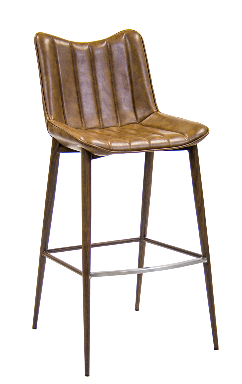 Indoor Metal Barstool in Wood Grain Finish with Brown Vinyl Seat & Back