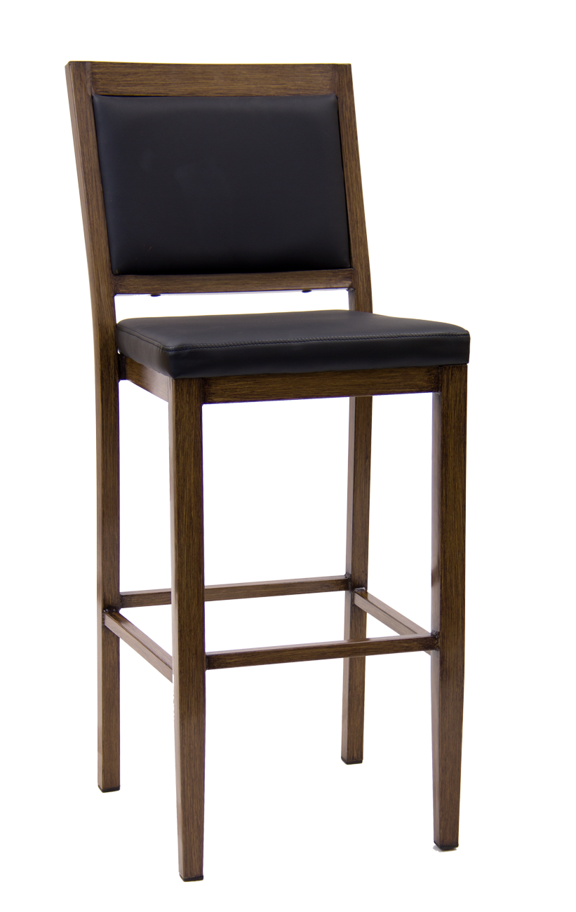 Wood Grain Metal Barstool in Walnut Finish, Black Vinyl Seat and Back