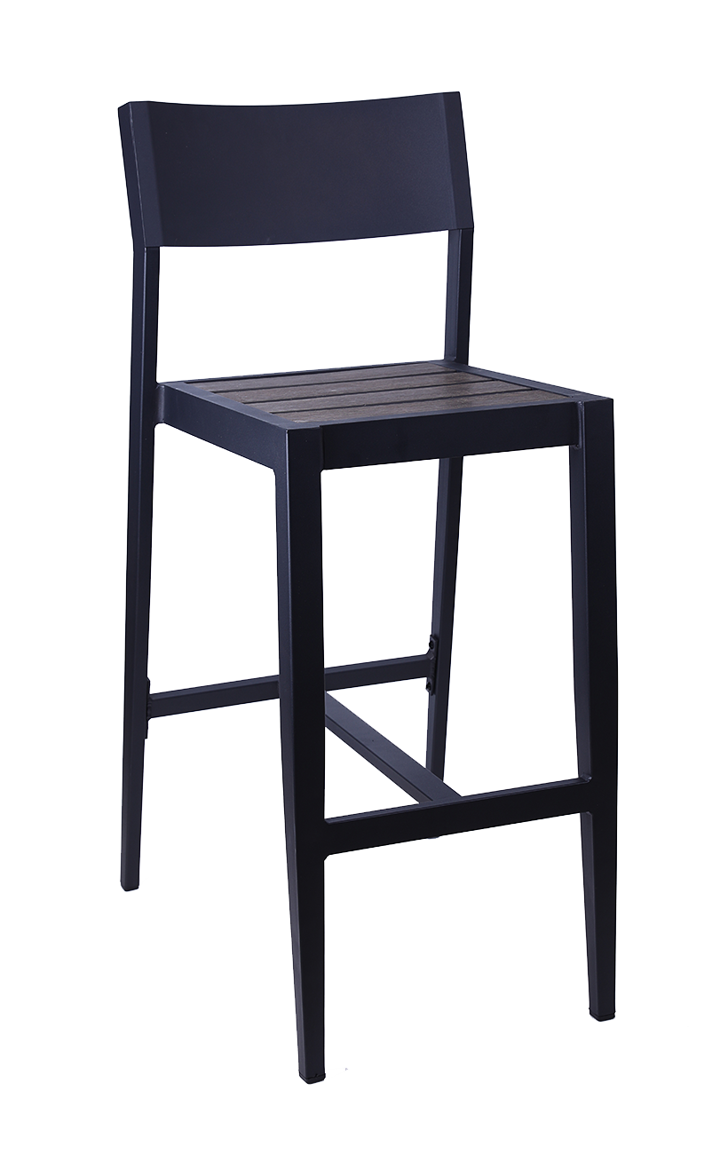 Outdoor Black Aluminum Barstool w/ Dark Brown Imitation Teak Slat Seat