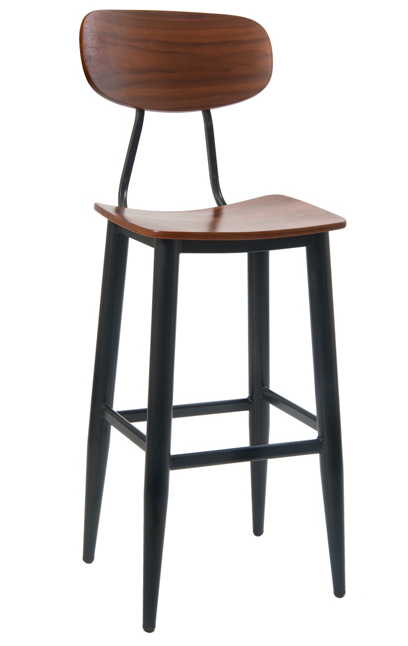 Black Metal Bar Stool w/ Veneer Back & Seat Restaurant Furniture, A1