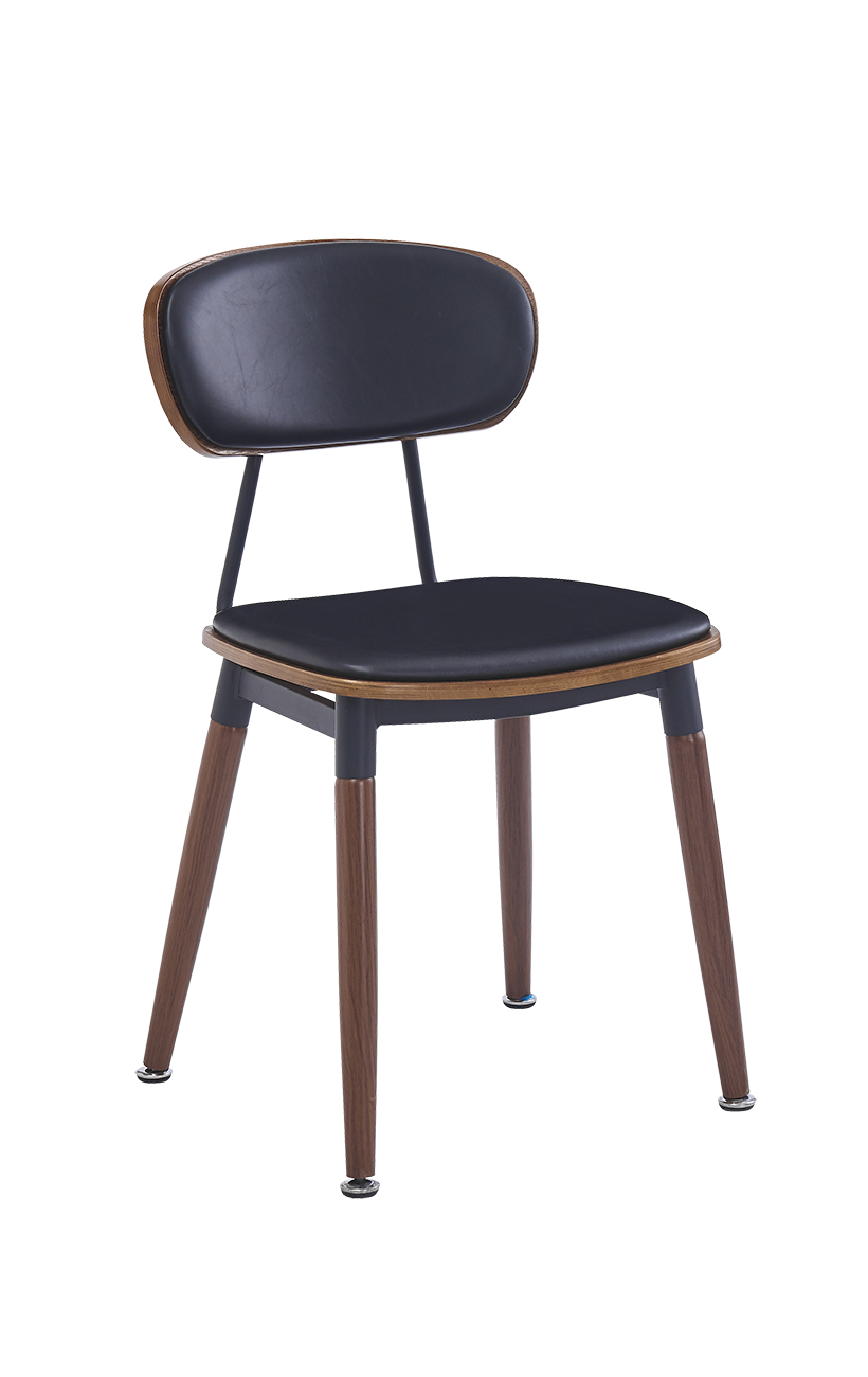 Steel Chair w/ Brown Finished Wood Grain & Black Vinyl Back & Seat Restaurant Furniture, A1