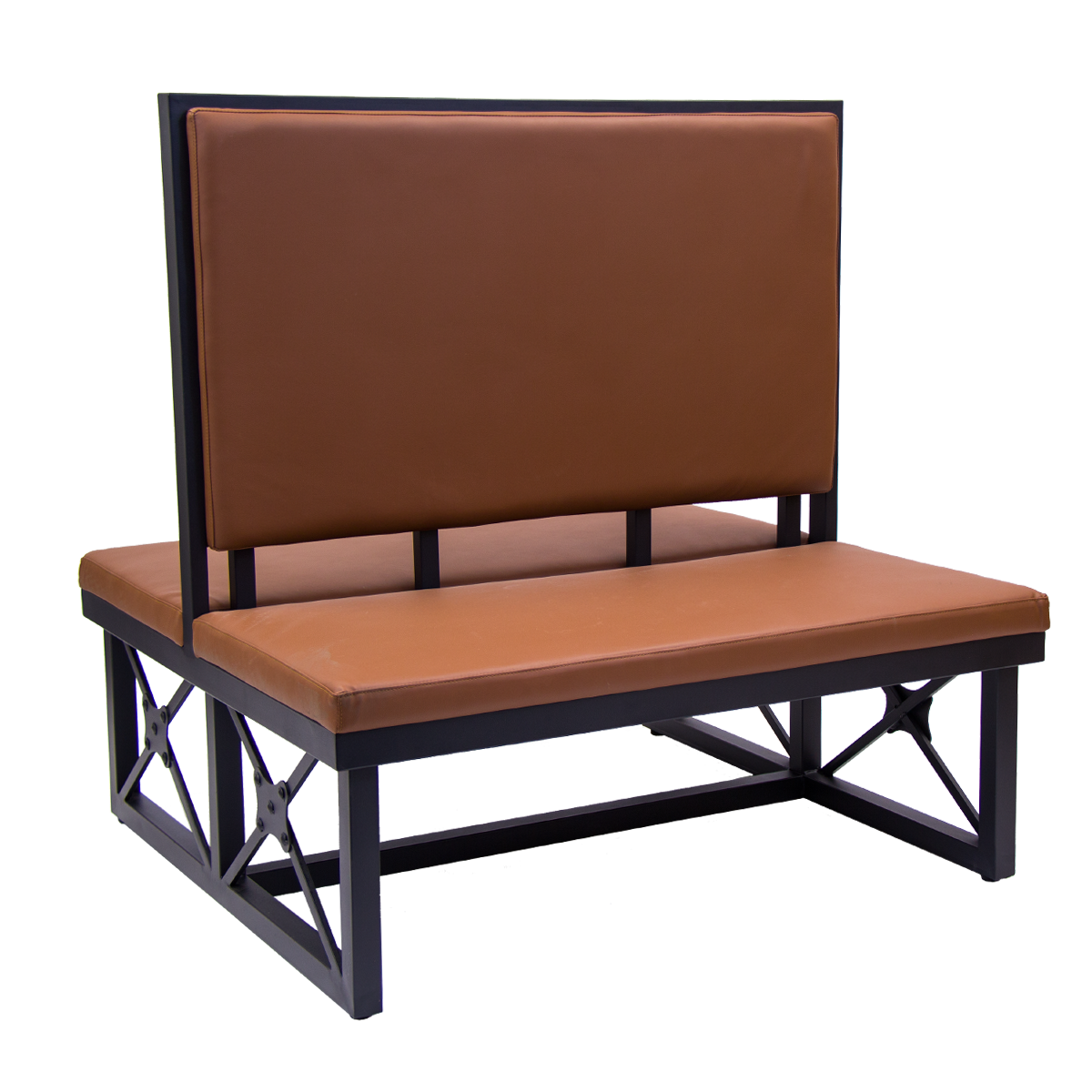 46H, Modern Double Booth with Black Metal Frame and Brown Vinyl Back
