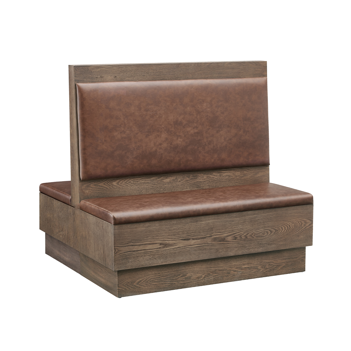 47"L x 46"H Warm Rustic Walnut Veneer Double Booth with Brown Padded Vinyl Seat and Back