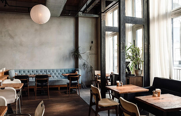 An industrial-style restaurant bar