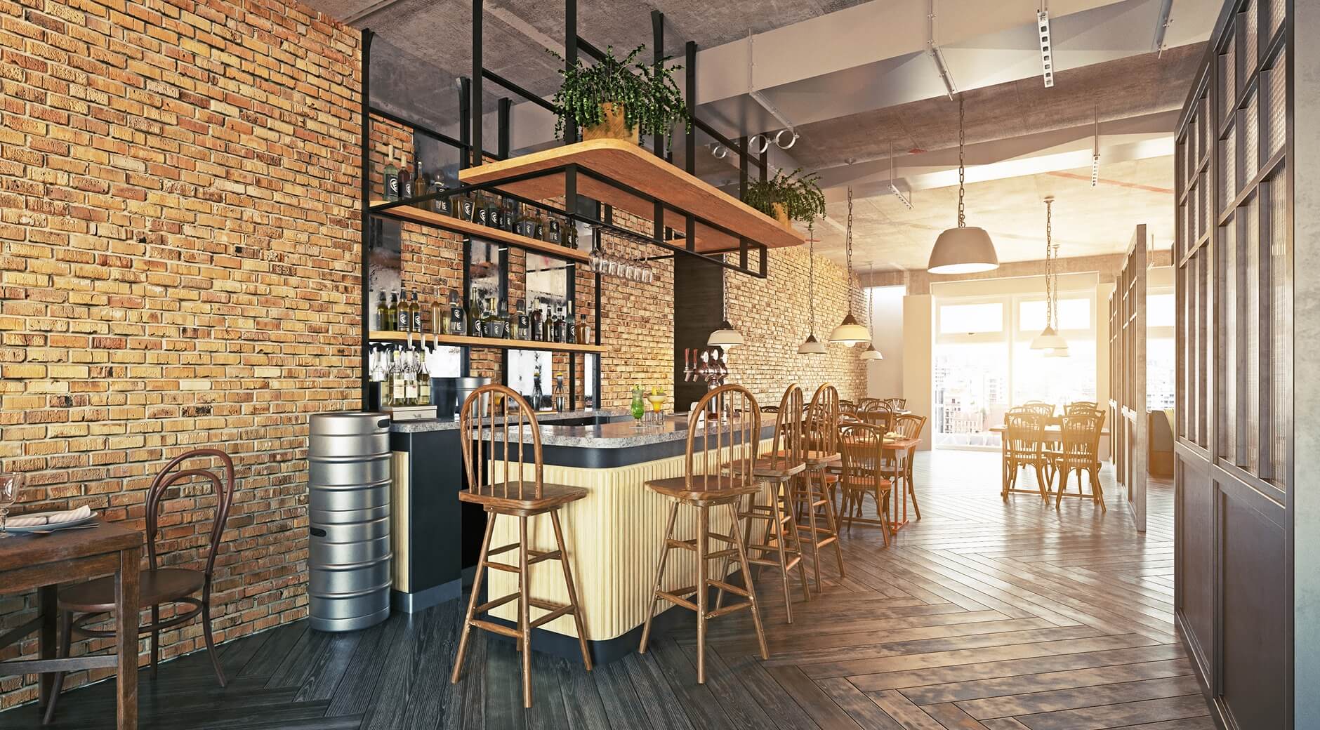 An industrial-style restaurant bar area with exposed brick walls, wooden bar stools, metal shelving, and pendant lighting.