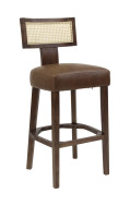 Indoor Mid-Century Modern Rubberwood Barstool with Woven Cane Back and Rich Brown Cushioned Vinyl Seat