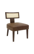 Indoor Mid-Century Modern Rubberwood Chair with Woven Cane Back and Rich Brown Cushioned Vinyl Seat