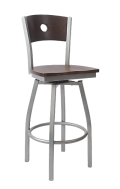Grey Frame, Circle Back Swivel Metal Barstool w/ Walnut Back and Wood Seat