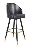 Black Swivel Metal Barstool with Jumbo Vinyl Bucket Seat in Black, Square Base with Gold Footrest