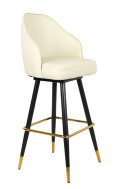 Black Finish Swivel Metal Barstool with Jumbo Vinyl Bucket Seat in Cream Color, Square Base with Gold Footrest