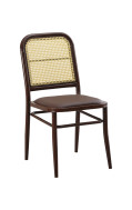 Indoor Metal Chair in Wood Grain Finish w/ Poly Woven Back & Brown Vinyl Seat