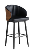 Indoor Black Steel Barstool with Veneer Wood Channel tufting Pattern Stitched Vinyl Back & Seat