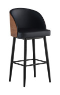Indoor Steel Barstool with Black Vinyl Seat & Curved Veneer Wood Back with Padded Black Vinyl Overlay
