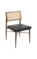 Indoor Modern Walnut Metal Chair with Black Vinyl Seat & Cane Faux Rattan Back