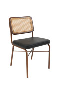 Indoor Stylish Walnut Metal Chair with Black Vinyl Seat & Cane Faux Rattan Back