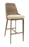 Outdoor Aluminum Barstool In Wood Grain Finish with Wicker Woven Back &  Ivory Cushioned Seat