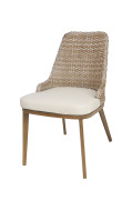 Outdoor Aluminum Chair In Wood Grain Finish with Wicker Woven Back &  Ivory Cushioned Seat