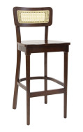 Indoor Walnut Beechwood Barstool with Solid Seat and Faux Cane Rattan Back