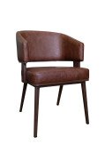 Wood Grain Open-Back Metal Framed Chair with Coffee Colored Vinyl Seat and Back.