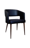 Wood Grain Open-Back Metal Framed Chair with Black Vinyl Seat and Back.
