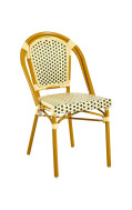 Honey-Toned Metal Chair with Sophisticated Cream & Black Poly Woven Seat & Back, Outdoor Use