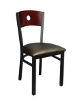 Circle Back Metal Chair w/ Dark Mahogany Finish Poplarwood Back and Black Vinyl Seat