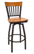 Vertical Slat Back Swivel Metal Barstool w/ Cherry Back and Wood Seat