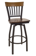 Vertical Slat Back Swivel Metal Barstool w/ Walnut Back and Wood Seat