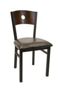 Circle Back Metal Chair w/ Walnut Finish Poplarwood Back and Black Vinyl Seat